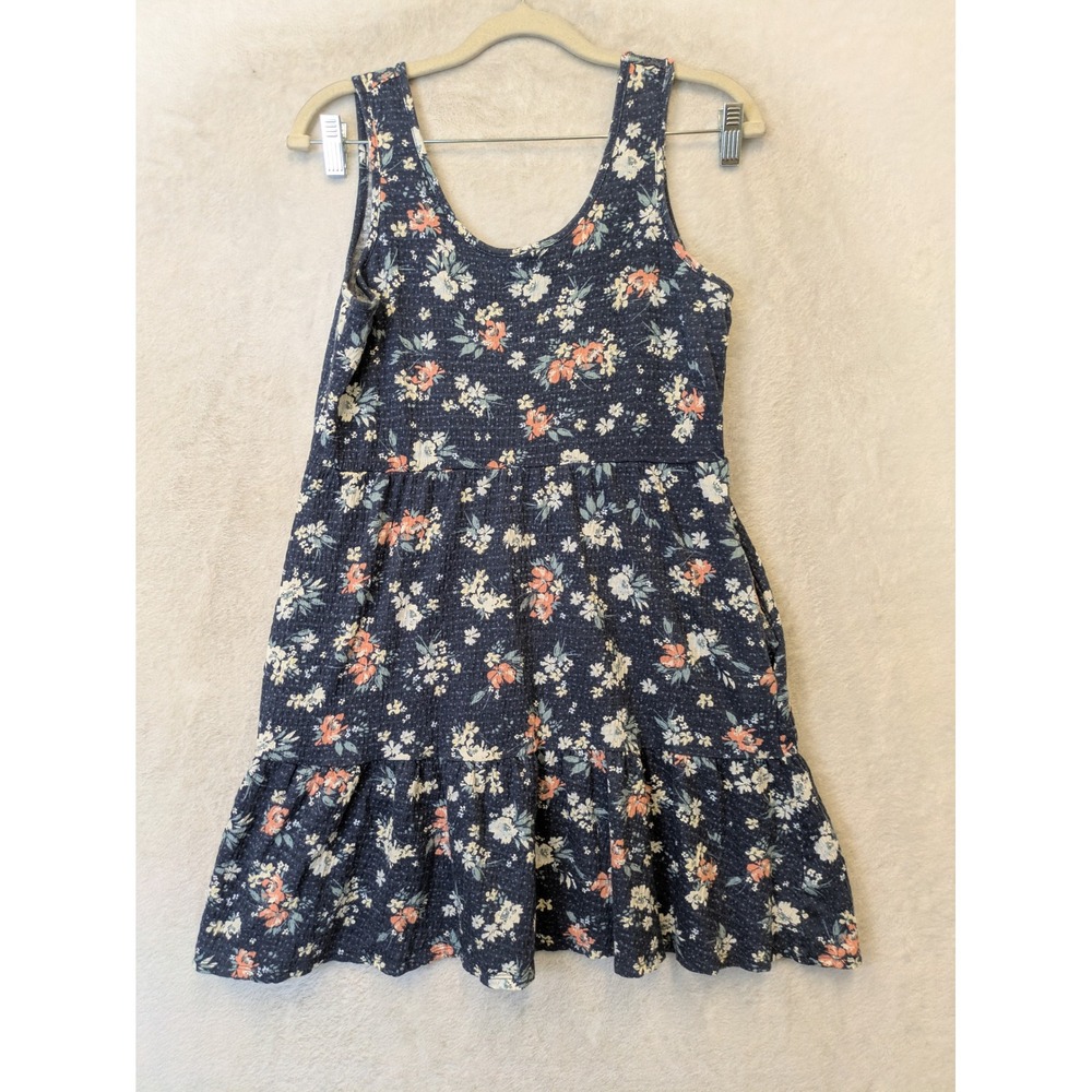 Maurices Tiered Mini Dress Women's Small Navy Blue Floral Pockets Sleeveless